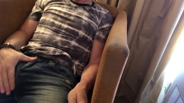 Pulling out Bulging Cock from Jeans and Stroking