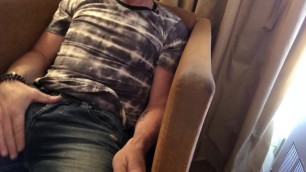 Pulling out Bulging Cock from Jeans and Stroking